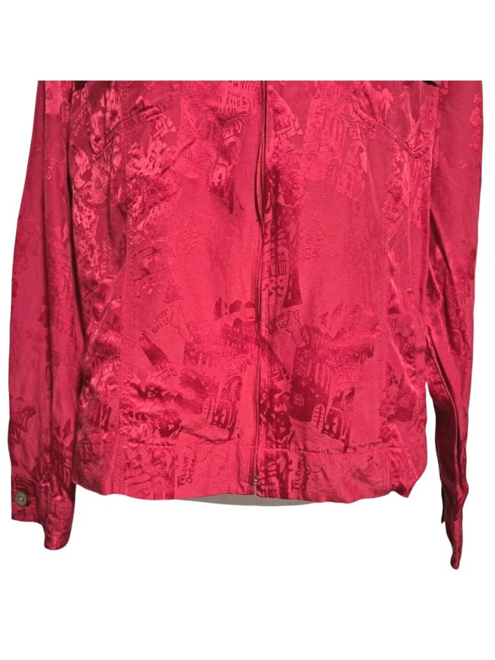 Chicos Silk Blend Jacket Womens Size 2 (L) Red Textured Button Pockets Zip Front - Picture 5 of 9